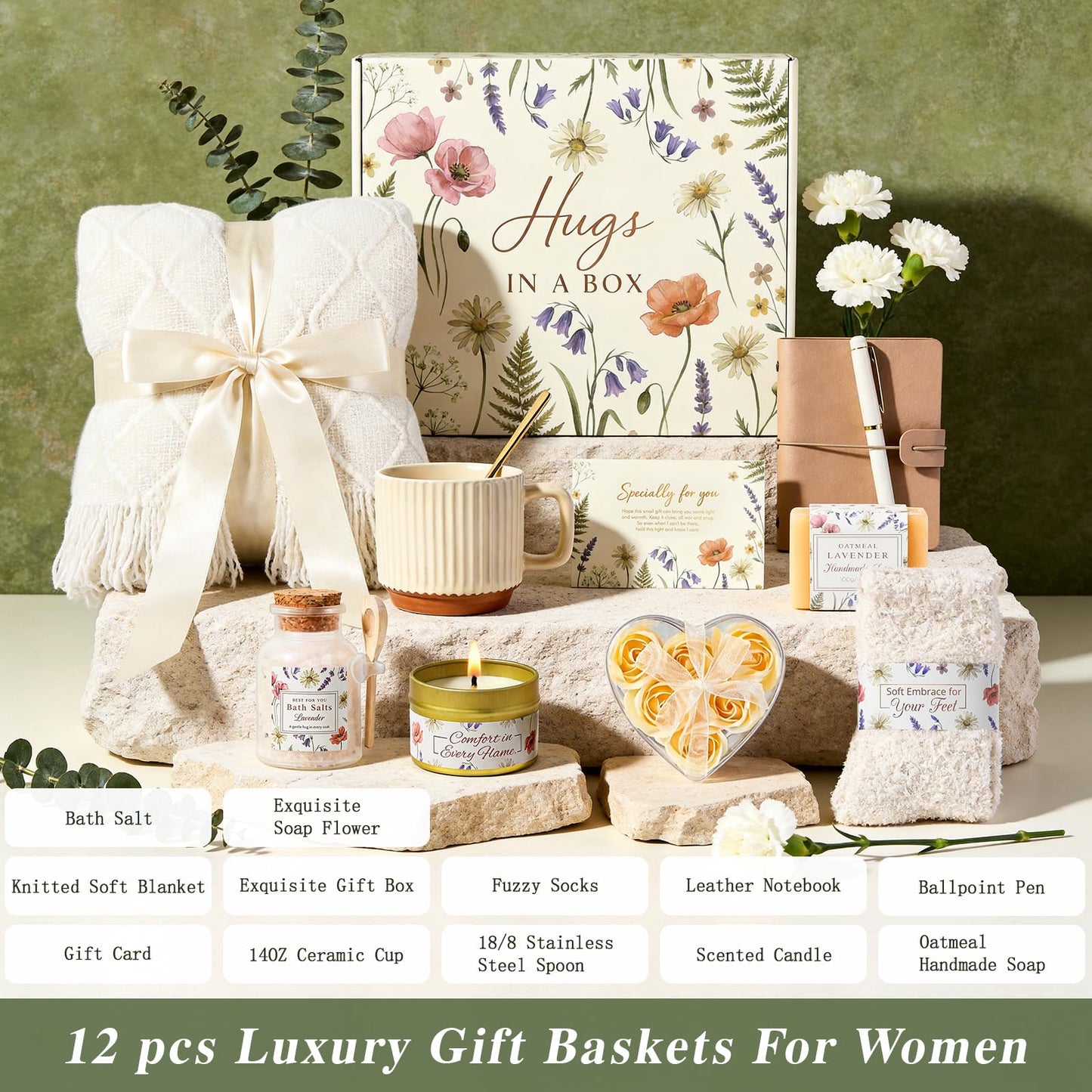 GIFTINBOX Gift Baskets for Women Spa, Self Care Package with Rose Flower, Soft Blanket & Socks, Birthday Gifts, Get Well Sympathy Gift for Mom Wife Sister
