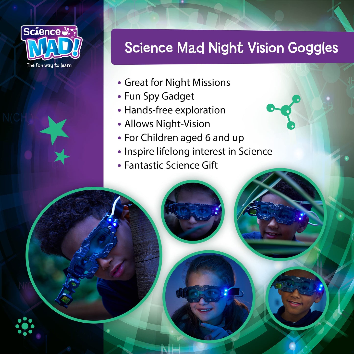 Science MAD! Night Vision Goggles For Kids - For Fun Night Missions - Lightweight, Flip Out Scope, 2x Magnification, Twin LED Beams, Blue Lenses, 6+ Years, 20 x 10 x 5.5 cm (SM55) , Black