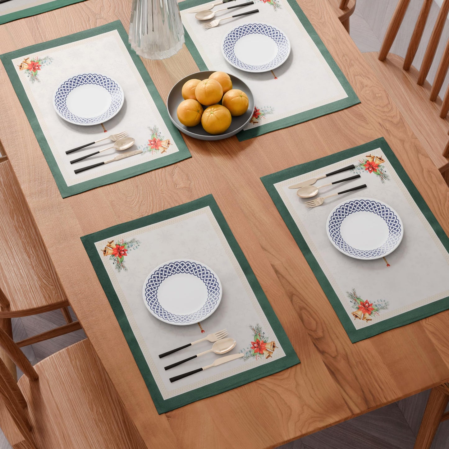 Christmas Placemats Set of 4 – 100% Canvas Cotton, Green Gold & White Floral Screen Print, Holiday & Winter Table Mats, 14x19 Inch, Washable Reusable, Gift-Boxed Sustainable Dining & Kitchen Christmas