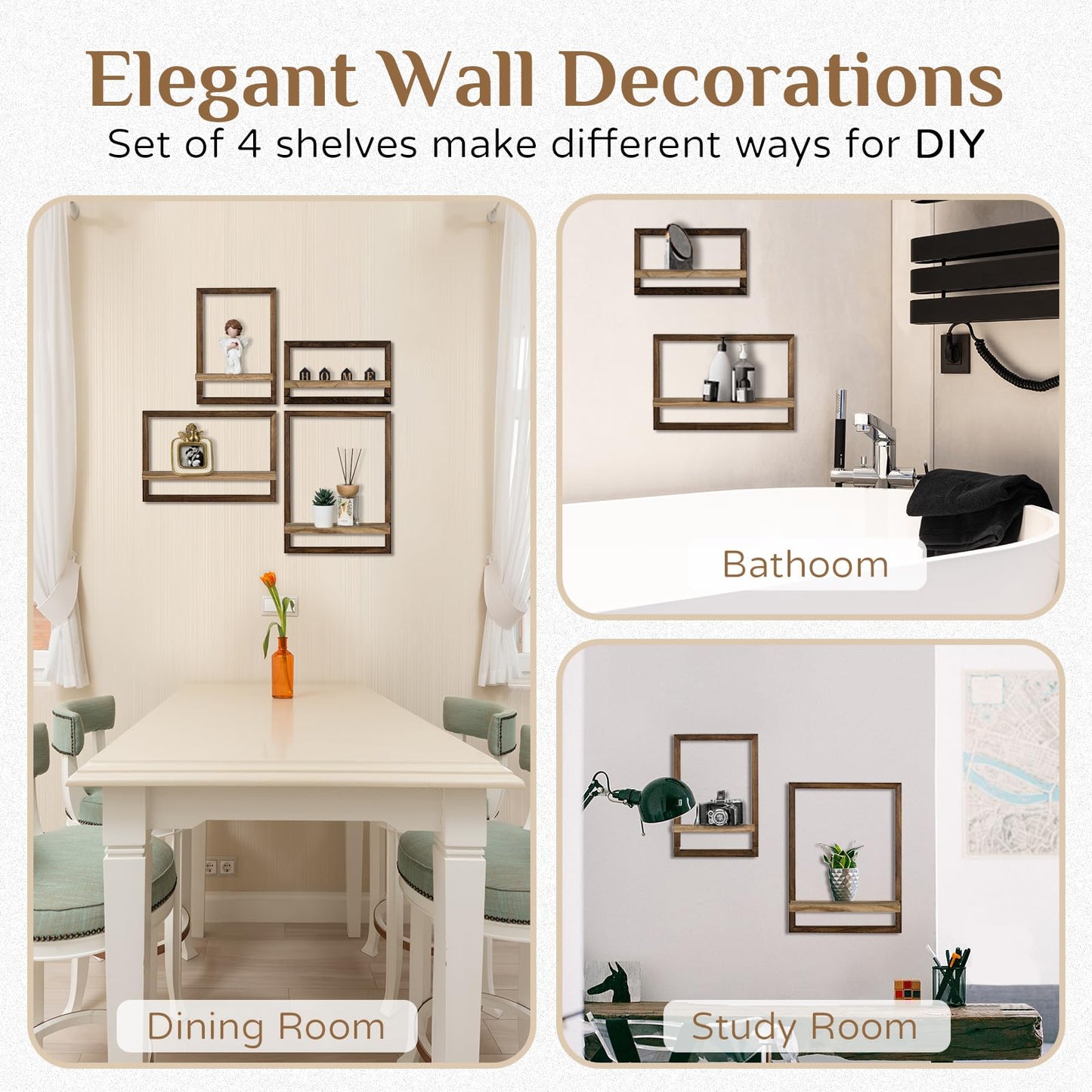 Walasis 4-Piece Wood Wall Shelves for Bedroom Farmhouse - Rustic Floating Shelf Decorative Storage Shelving Wall Mounted Decor with Frame for Living Room