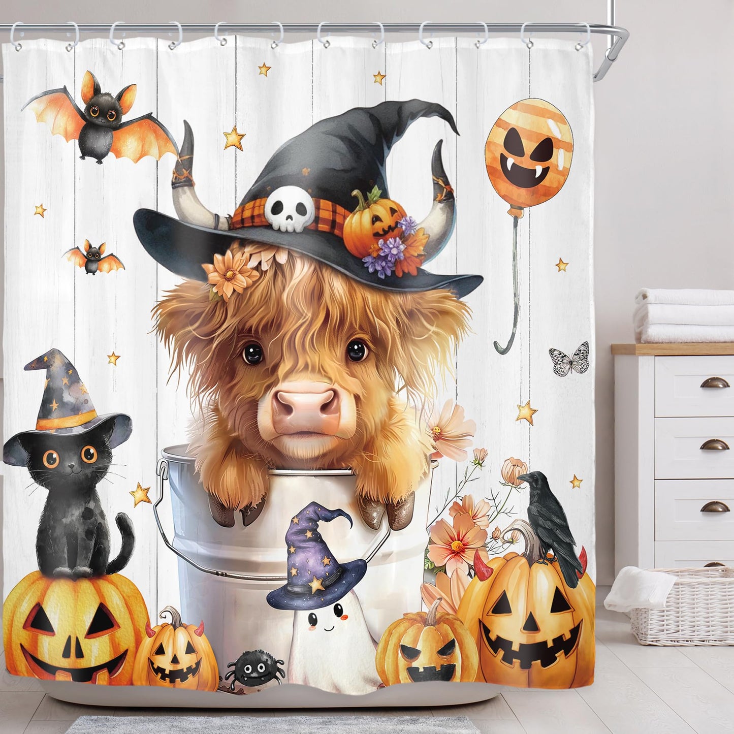 Riyidecor Halloween Highland Cow Pumpkin Autumn Fall Shower Curtain for Bathroom Decor 72Wx72H Funny Cute Cat Bat Ghost Floral Cool Art Printed Fabric Polyester Waterproof 12 Pack Plastic Hooks