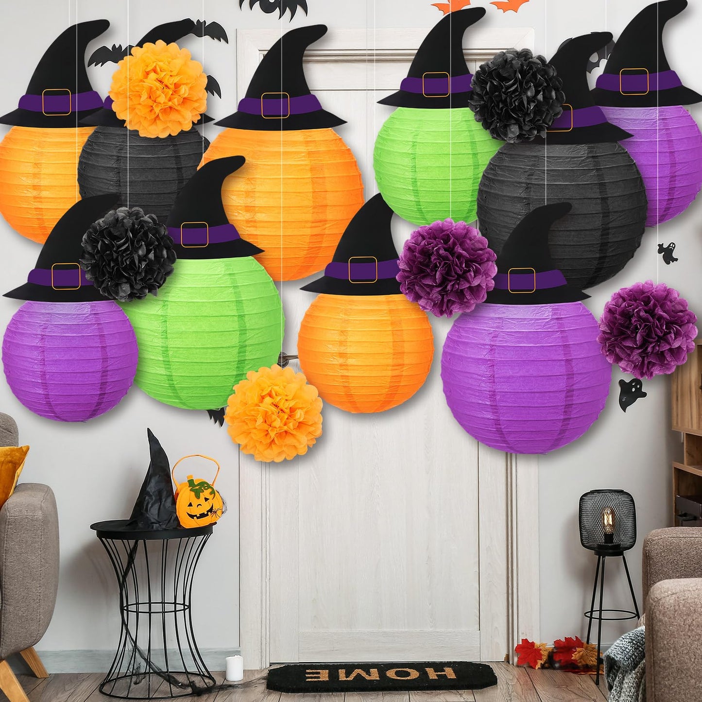 Retisee 18 Pcs Halloween Paper Lanterns Halloween Hanging Decorations Hanging Paper Lanterns with Witch Hat for Festival Indoor Outdoor Spooky Home Decor Party Supplies Props