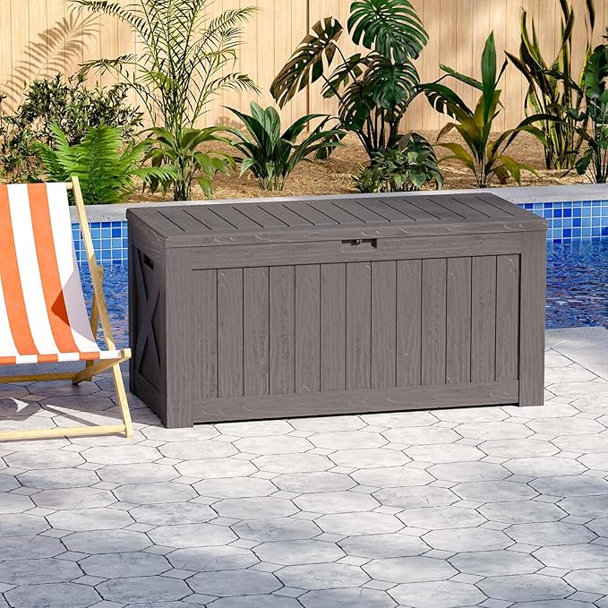 Patiowell 120 Gallon Large Deck Box, Outdoor Lockable Storage Box for Gardening Tools, Waterproof Deck Box for Patio Furniture, Brown