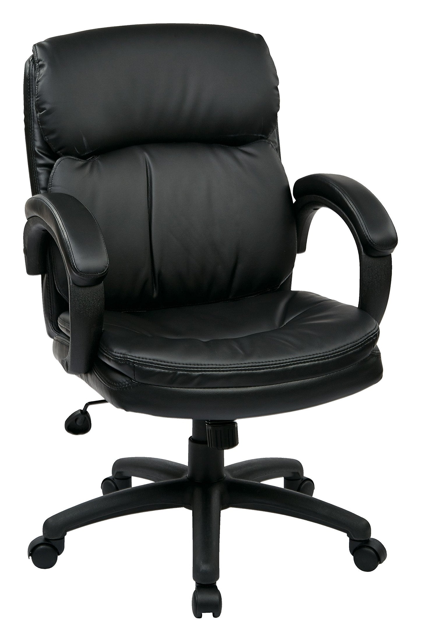 Office Star EC Series Executive Bonded Leather Mid Back Adjustable Office Chair with Thick Padded Contour Seat and Padded C Armrests, Black