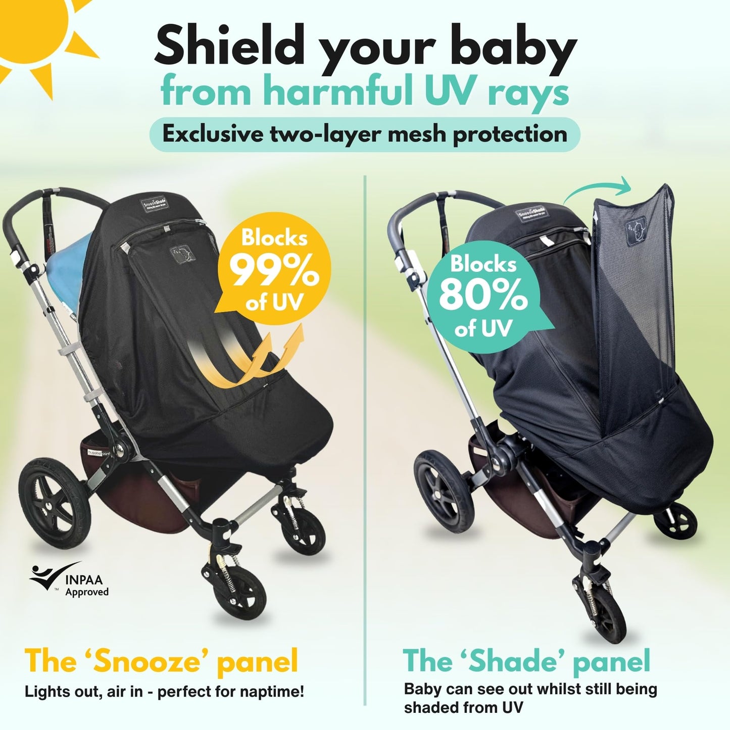 SnoozeShade Plus Extra Pram and Stroller Sun Shade Cover Blocks 99% UV UPF50+ Baby Sleep Aid and Breathable Blackout Canopy for Pushchairs Buggies and Travel Strollers
