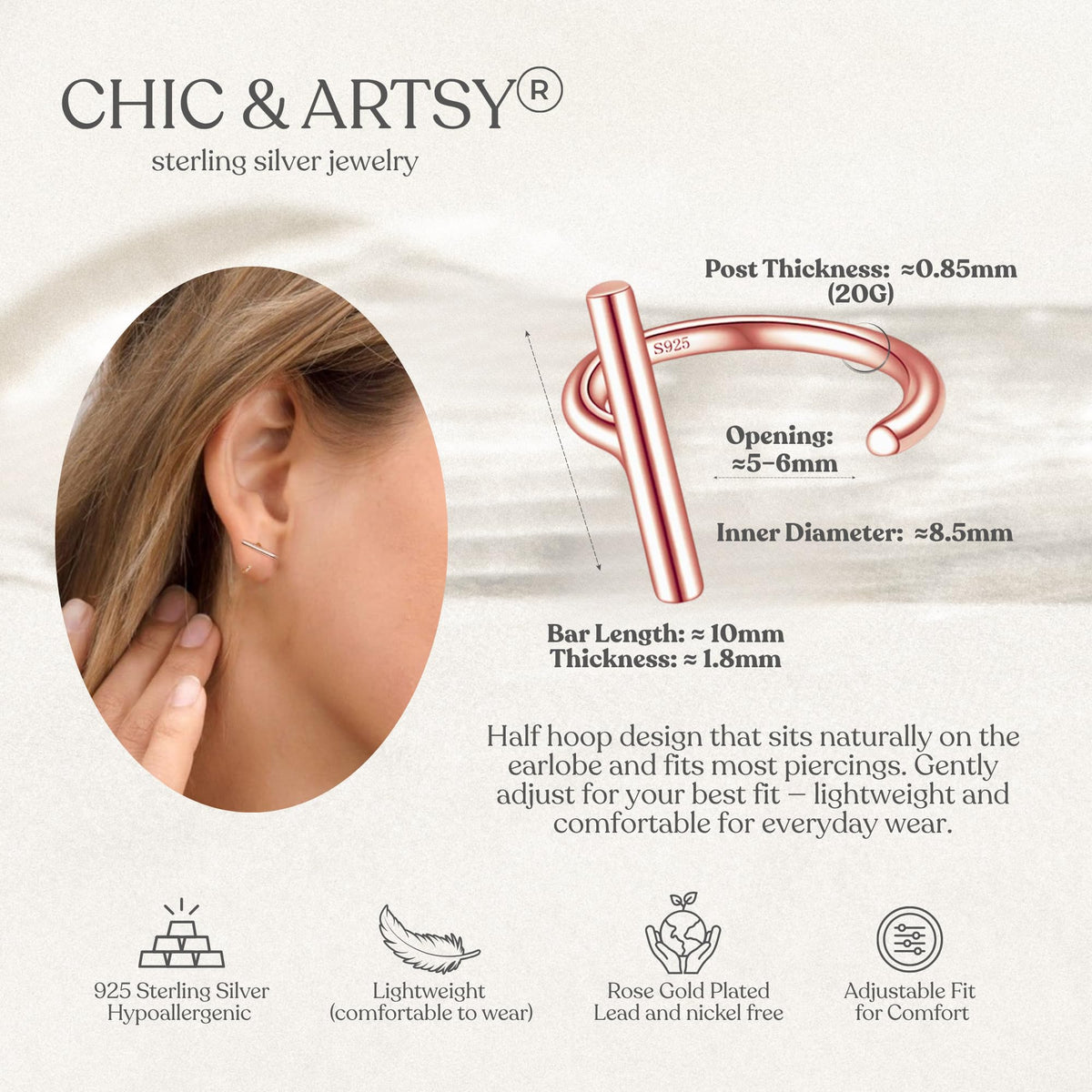 Half Hoop Earrings 18K Rose Gold Plated 925 Sterling Silver Bar Huggie Earrings for Women Small Open Hoops Sleep Hugger Earrings