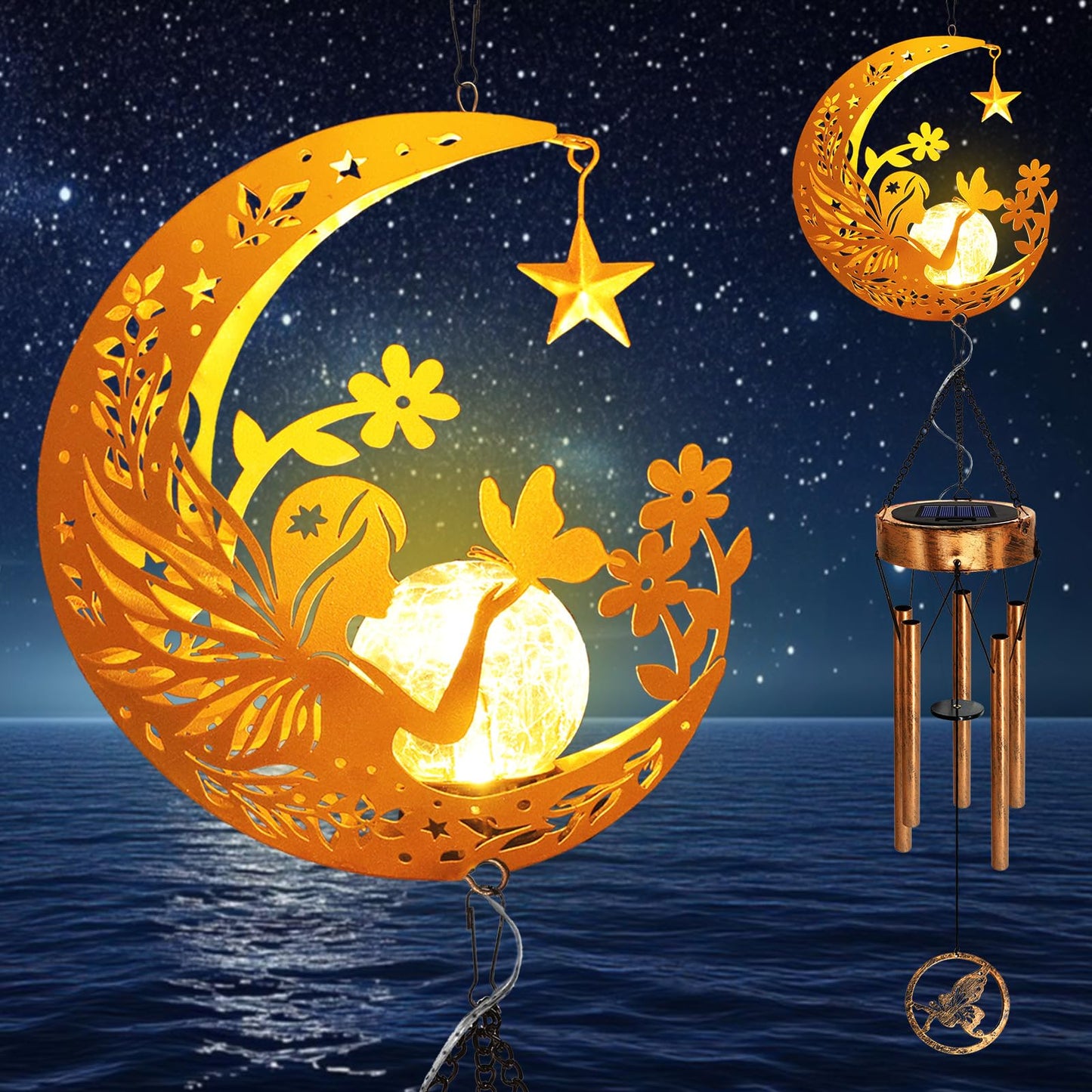Solar Moon Fairy Wind Chimes, Moon Gifts Mothers Day for Mom Women Men Sympathy Birthday, Hanging Outdoor Decor Cracked Glass Ball Memorial Large Wind Chimes for Garden Patio Porch