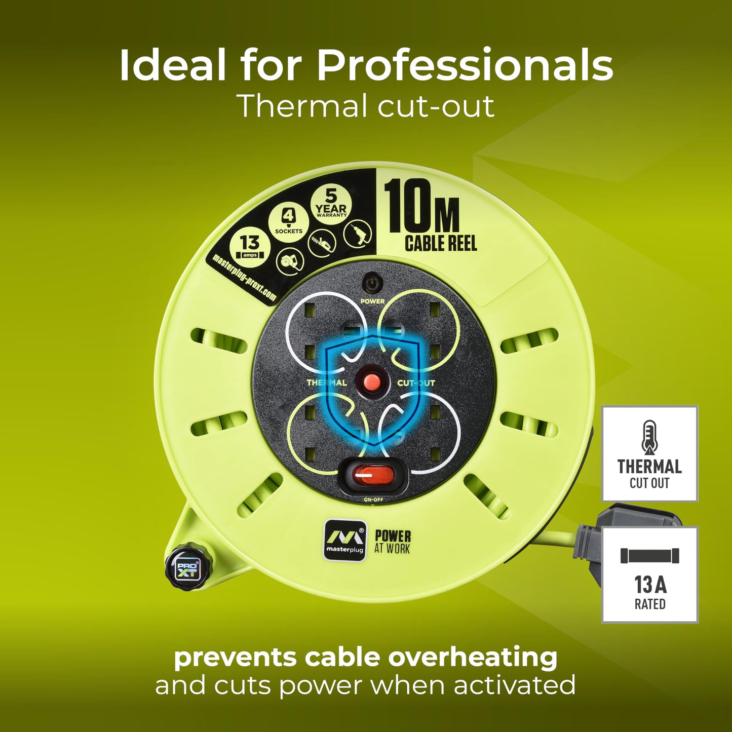 Masterplug Premium 4 Socket Cassette Reel with 10 Metre High-Vis Cable, Heavy Duty Power Cable Extension Reel, Thermal Cut-Out & Power Indicator, Medium, Pro-XT, Grey/Green, 13A, 4G, 10m, CMU10134SL