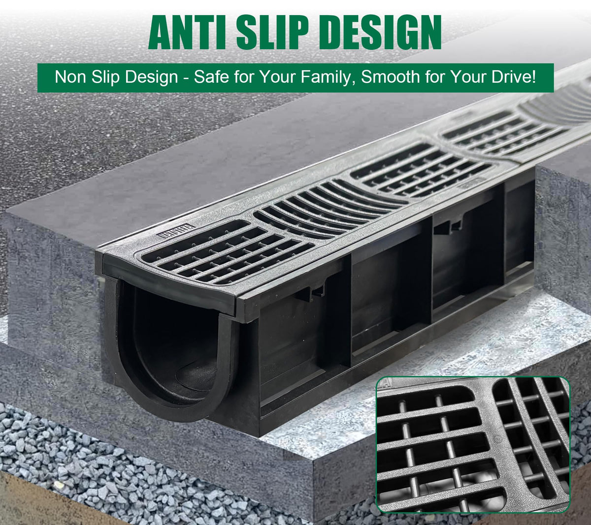 Natotela Driveway Channel Drain with HDPE Grate-39.4x6.1x5.5in Deep Profile Trench Drain System for Garage,3 Pack Total Length 118.11in,Heavy Duty Trench Drain for Parking Lot,Concrete