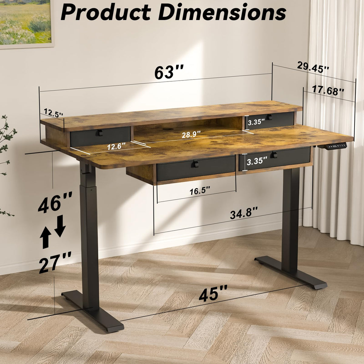 FiCiHi Adjustable Height Standing Desk with 4 Drawers,63 x 30 inches Electric Sit Stand Home Office Desk with Two Tiers, 3 Memory Presets, Monitor Stand Riser, USB A/C Charging Port