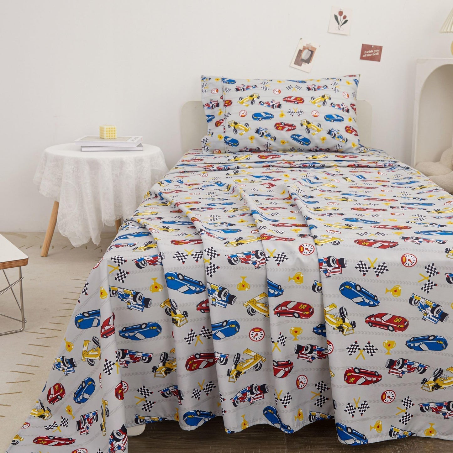 Softan Kids Bed Sheet Set, 3-Piece Twin Sheets Set, Microfiber Fitted Sheet with 15 Inches Deep Pocket and Corner Straps, Breathable & Silky Soft Grey Racing Car Pattern Sheet and Pillowcase Sets