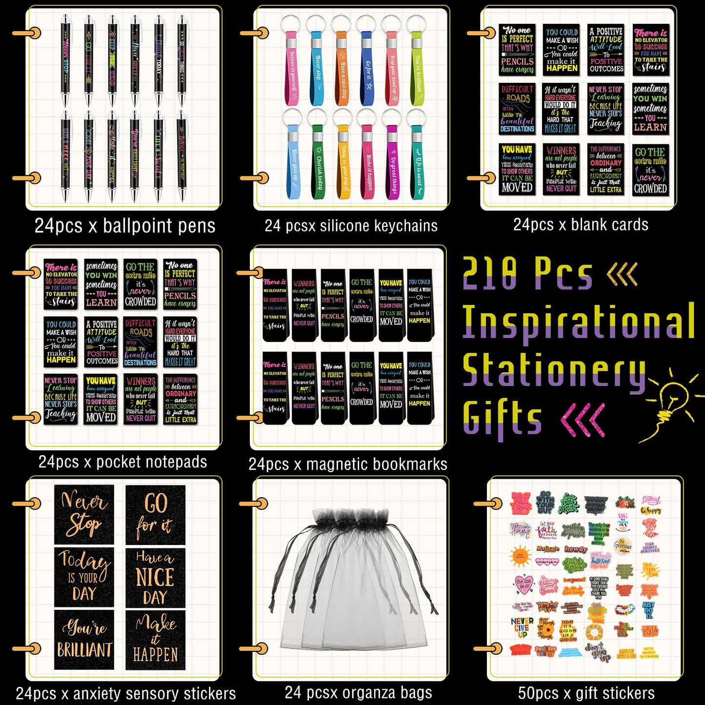 Pasimy 218 Pcs Inspirational Stationery Gifts Motivational Mini Notepad Pen Quote Bookmarks Stress Relief Stickers Inspiring Silicone Keychains for Home Office Appreciation Gift(Dark)