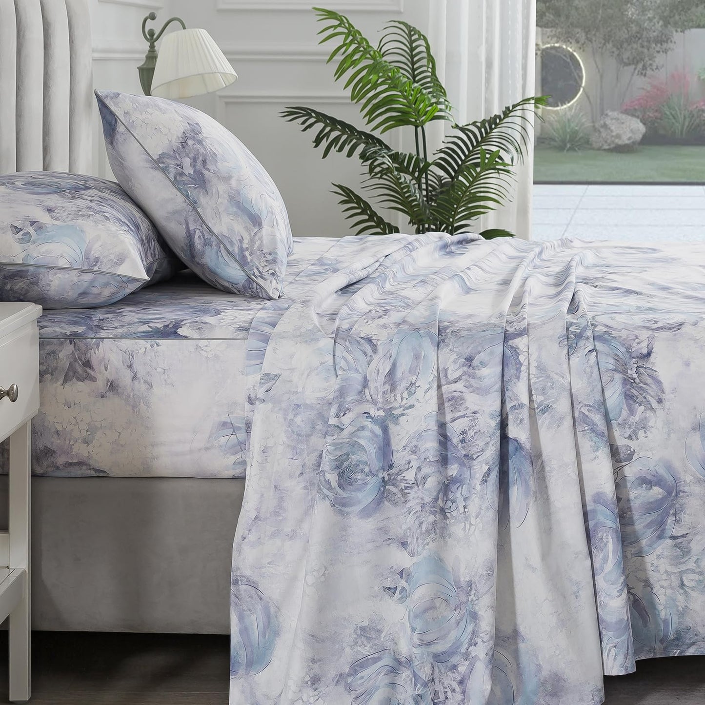 Puralens Blue Floral Cozy House Percale Sheets Queen, 100% Cotton White Flower Deep Pocket Vintage Sheet Set, Abstract Aesthetic Soft Crisp Toile Bed Sheets, Shabby Chic Farmhouse Bedding, 4Pcs