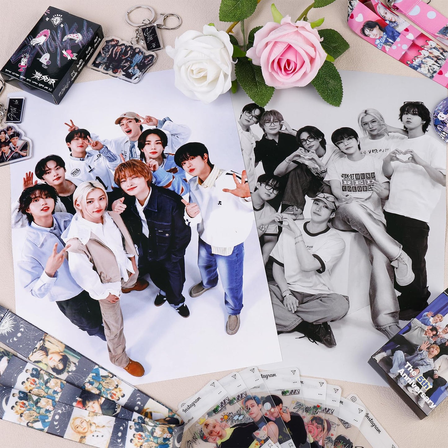 Stray Kids Gifts Set, Including 110 Photocards, 180 Stickers, 1 Drawstring Bag Backpack, 24 Lomo Cards, 3 Design Bracelet, 2 Adhesive Posters, 2 Lanyards, 2 Pins and Keychain SKZ's Fans Merchandise