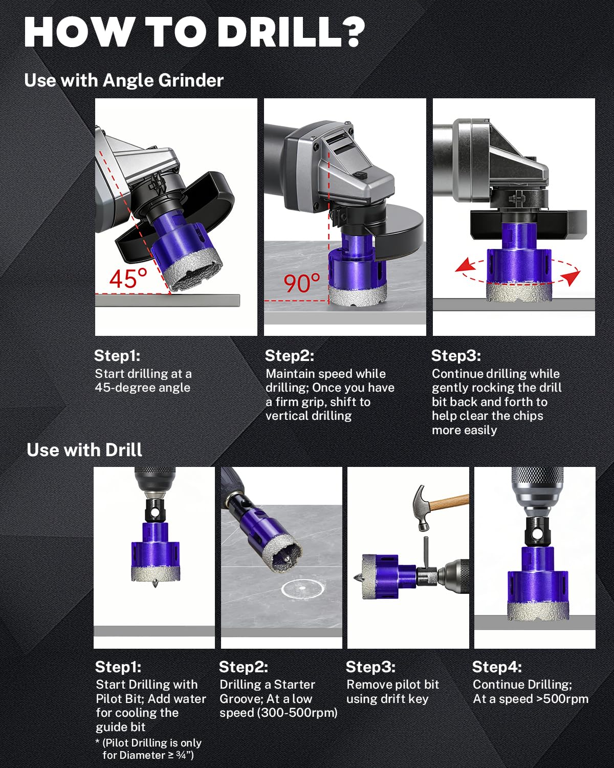 DaduoRi 14 PCS Diamond Hole Saw Kit with Pilot Bit Adapter, 1/4" - 2 1/2" Thickened Core Drill Bit Set, Includes Tile Shaping Cone & Diamond Saw Blade, for Porcelain, Ceramic, Granite, Marble, Stone