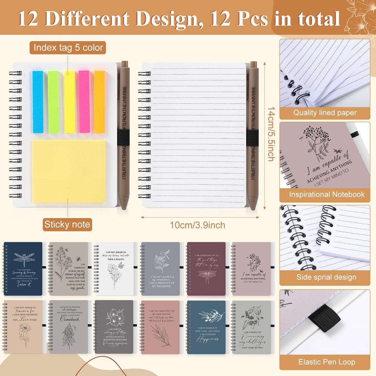Kosiz 24 Pcs/12 Set Positive Affirmation Gifts for Women Bulk Gratitude Spiral Notebook Journals with Pens Self Care Mental Health Gifts Employee Coworker Teacher Nurse Volunteer Mothers Day (Simple)