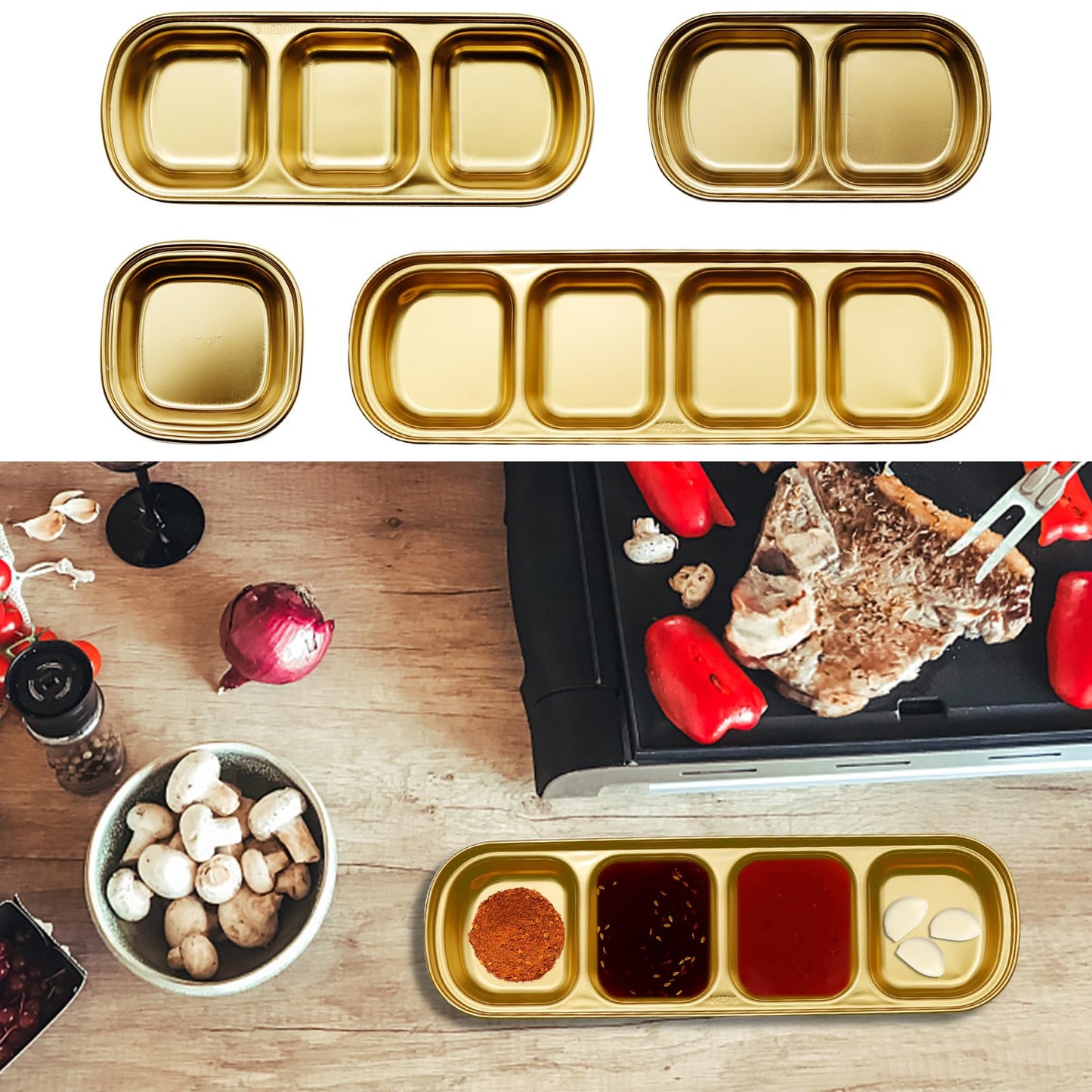 EATAKWARD 4 Pcs Stainless Steel Sauce Dish, Divided Dipping Plates, Divided Seasoning Sauce Dip Bowl, 1/2/3/4 Compartment Sauce Vinegar Seasoning Dishes, Vinegar Soy Spice Condiment Tray for Home
