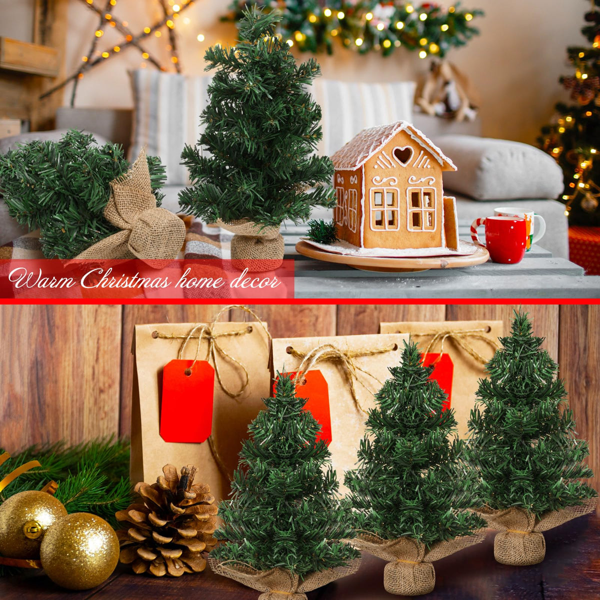 Yinder Tabletop 6 Pcs Mini Christmas Tree 11.81 Inch Artificial Mini Xmas Miniature Pine Christmas Tree with Linen Base for Xmas Holiday Decorations Indoor Home Kitchen Dining Table