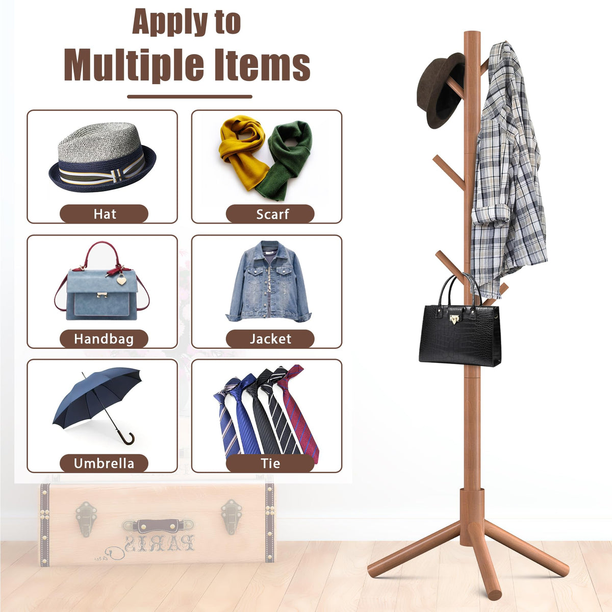 Haddockway Wooden Coat Rack Stand with 8 Hooks New Zealand Pine 3 Adjustable Coat Standing Tree Easy Assembly for Coats, Hats, Scarves and Handbags for Entryway, Hallway, Bedroom, Office