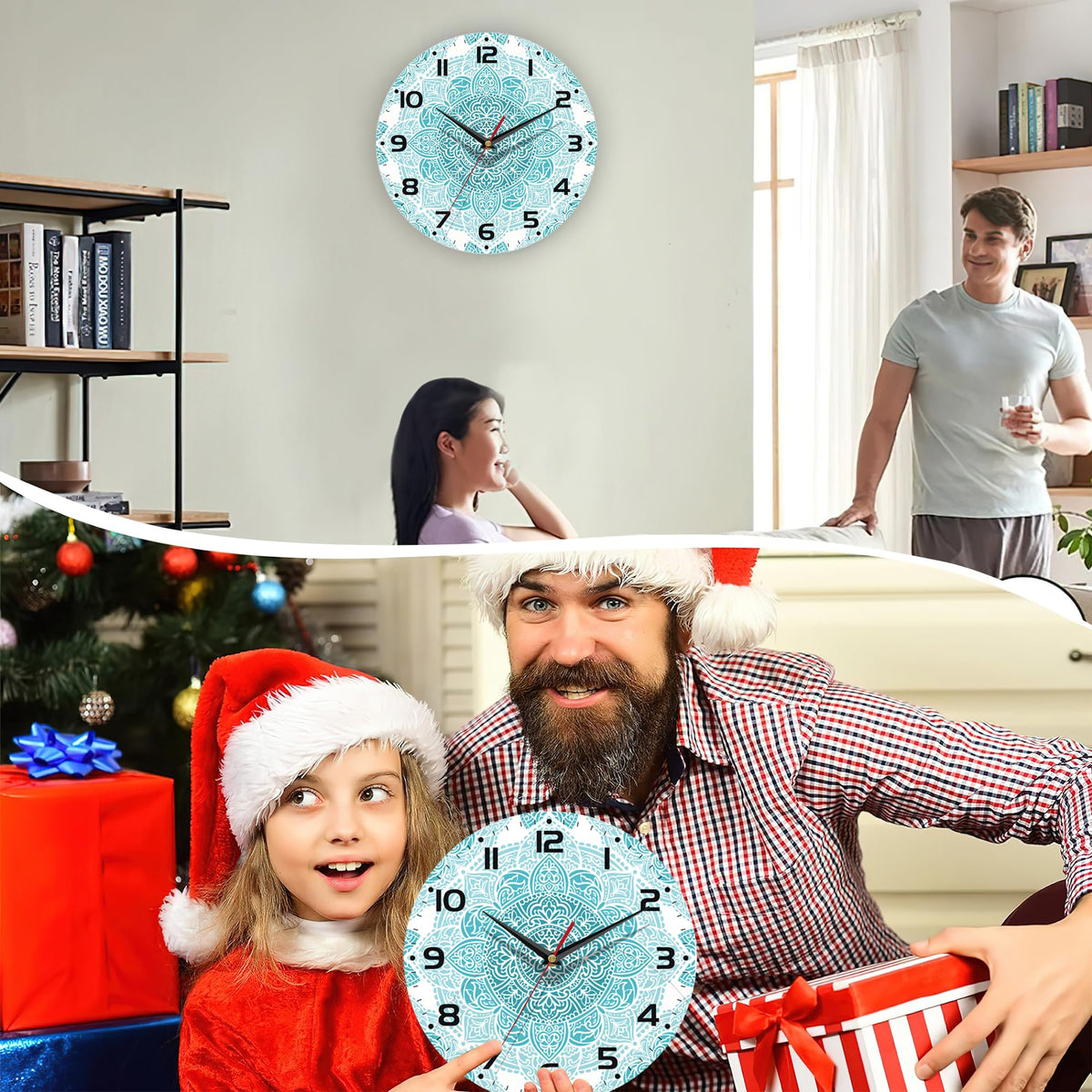 Teal Mandala Flower Wall Clock, Silent Non-Ticking, Battery Operated, Wooden Decorative Round Clock with Arabic Numerals, 10 Inch