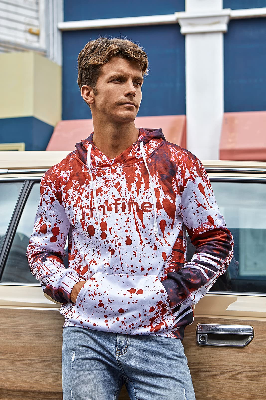 RAISEVERN Hoodies for Men Halloween I'm Fine Fleece Graphics Sweatshirts Pullover Blood Stains Novelty Hoody Cool Funny Hooded with Pocket