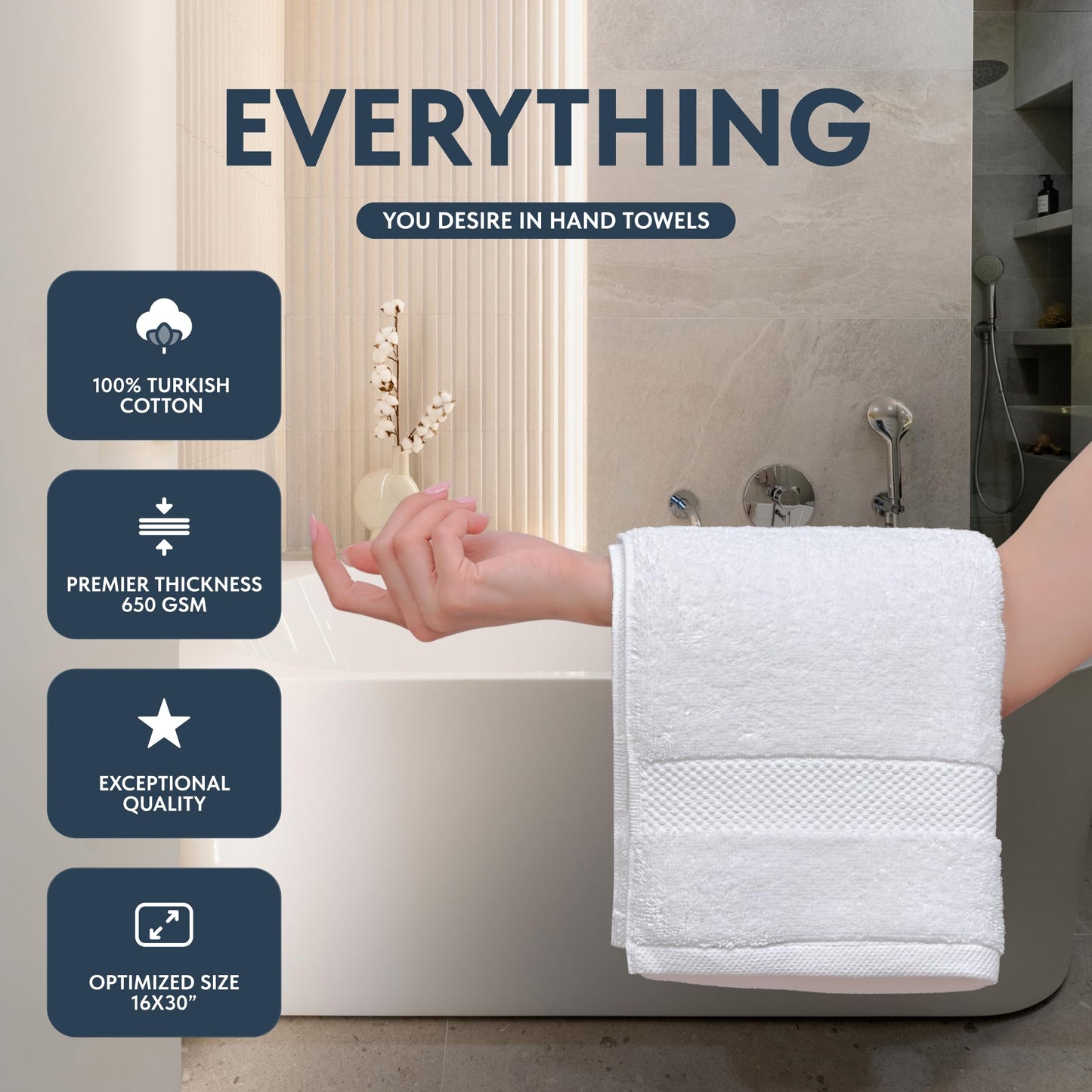 White Classic Luxury White Hand Towels, 100% Cotton Bathroom Hand Cloths Set of 6, Hotel Towels Extra 40x76 cm, Quality Towels Bathroom Sets for Hands | White, 6 Pack