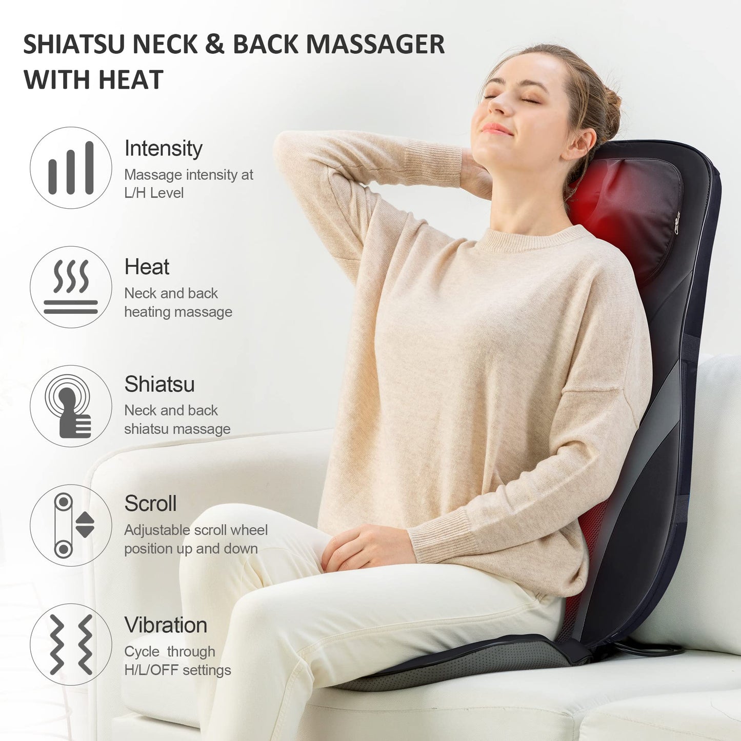 Snailax Shiatsu Back Massager with Heat -Deep Kneading Massage Chair Pad with Adjustable Intensity, Shiatsu Chair Massager to Relax Full Body Muscle