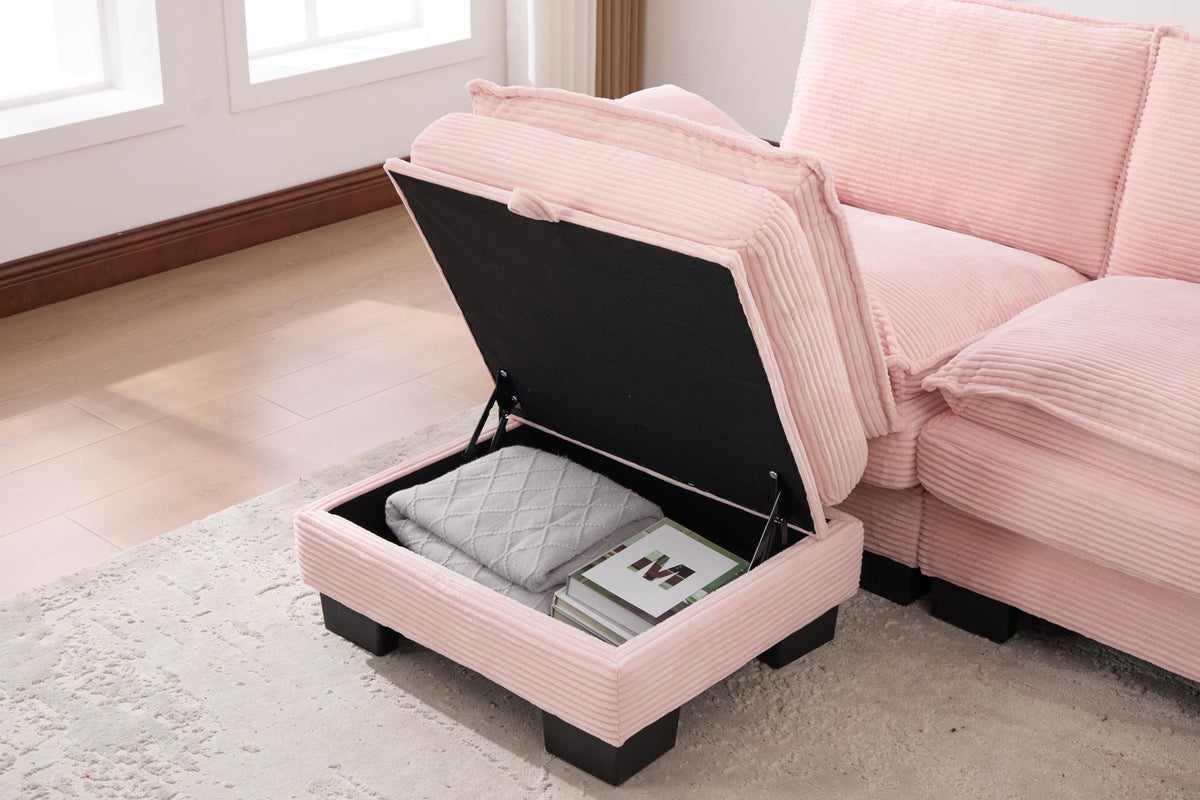 102" Oversized Cloud Modular Sectional Sofa with Movable Ottoman, Free Combination Convertible L Shaped Corner Couch Sets,Comfy Corduroy Upholstered Pink Sofa & Couch for Living Room