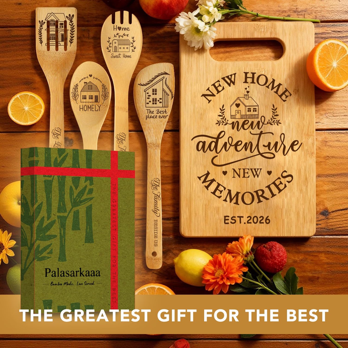 6 Pcs Housewarming Gifts Set for Women Friends Neighbor, New Home Essentials with Bamboo Cutting Board & 4 Blessing Spoons, New Home New adventure New Memories 2026