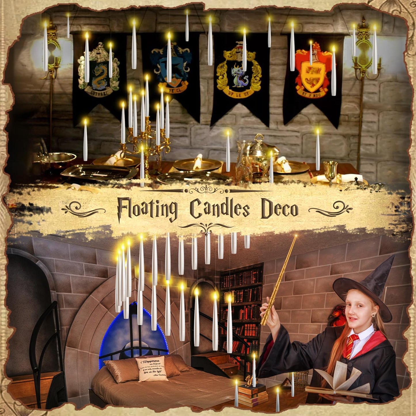 TLPUHU Floating Candles with Wand - Christmas Decorations Magic Flameless Candles Flickering Warm Light LED Hanging Candle Remote, Battery Operated Candles for Christmas Outdoor Indoor Party Decor