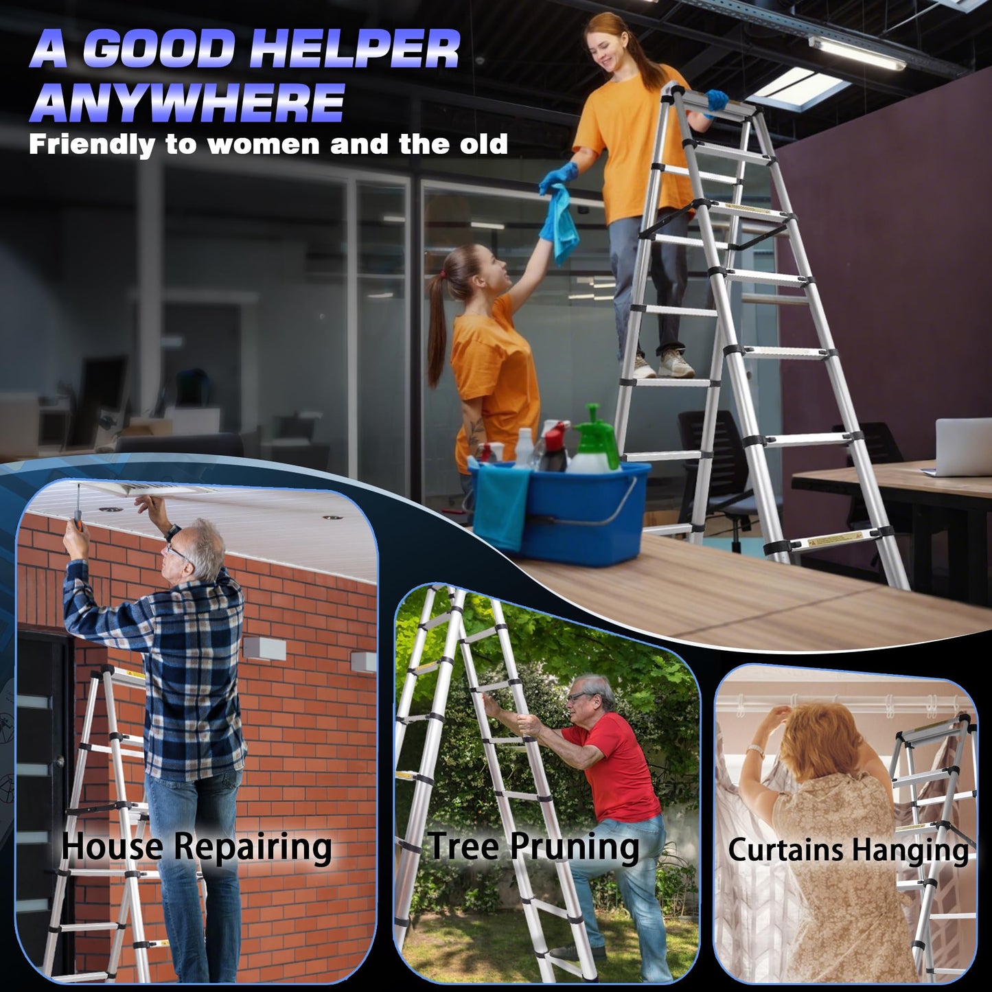 10.5 FT A-Frame Aluminum Telescoping Ladder,11+11Step Ladder,330LB Load Capacity,Portable Folding Extension Ladder Heavy Duty Collapsible Ideal for Home and Outdoor(3.2m+3.2m/10.5FT+10.5FT A Frame)