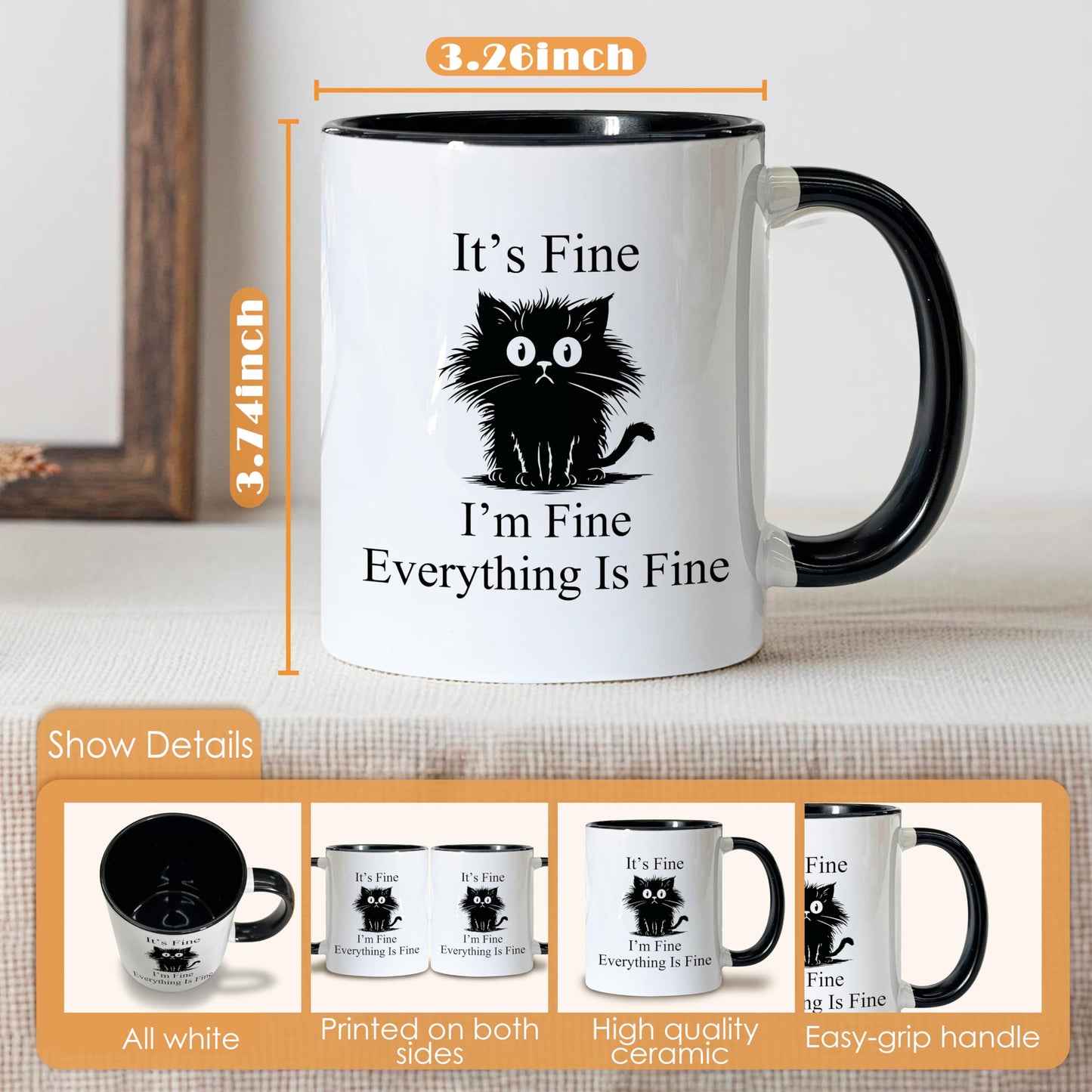 Foyoulame Black Cat Gifts Funny Coffee Mugs - Black Cat Mug, Funny Sarcastic Cats Coffee Teacup, Cat Lover Gifts for Women, I'm Fine Everything is Fine Ceramic CoffeeMug 11oz
