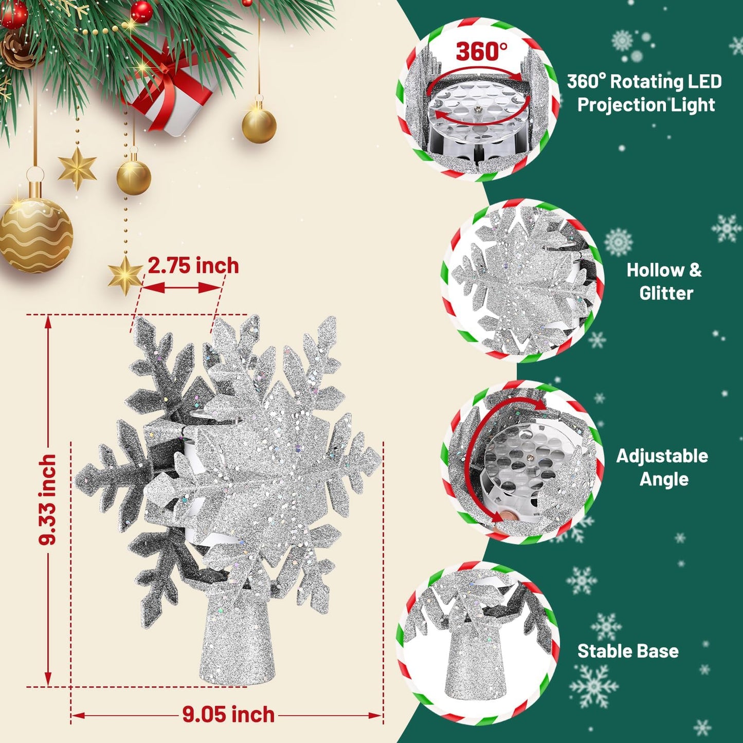 Christmas Tree Topper Lighted with 6 Projection Modes,Christmas Star Tree Topper Built-in LED Rotating Projector Lights 3D Christmas Tree Decorations for Xmas Party Holiday Decor(Silver Snowflake)