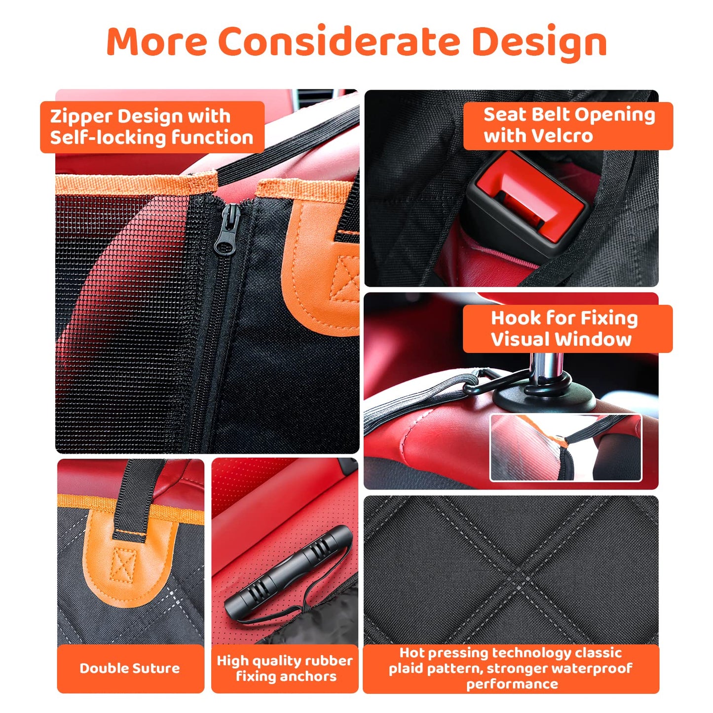 KYG Dog Hammock for Car Back Seats with Side Protection and Mesh Visual Window, Durable Scratch Proof and Waterproof Pet Seat Cover for Cars/Trucks/SUV, 135 x 148 cm, Black&Orange