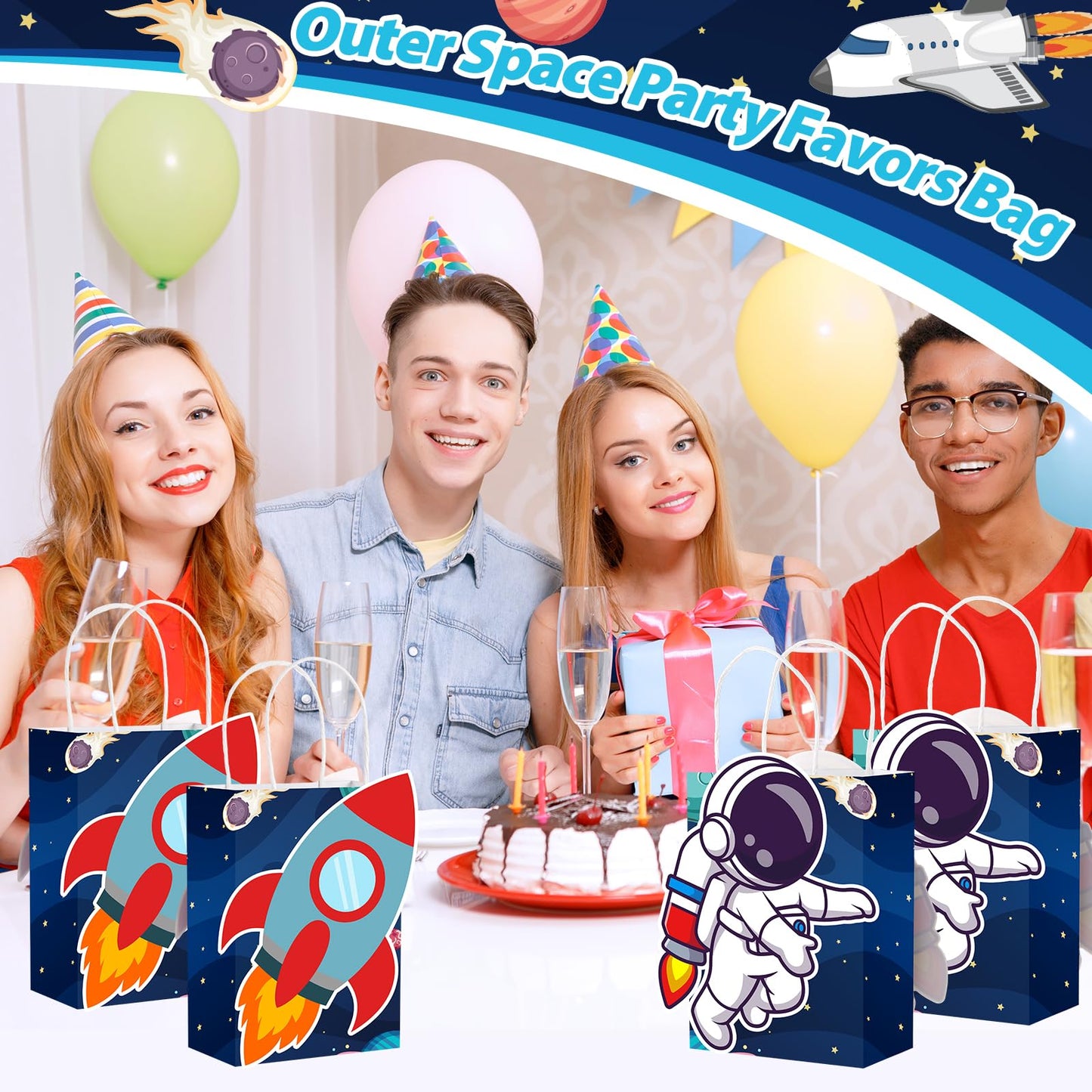 MotiMind 16 Pcs Outer Space Party Favor Bags with Handles Astronaut Gift Bags for Galaxy Space Theme Party Supplies