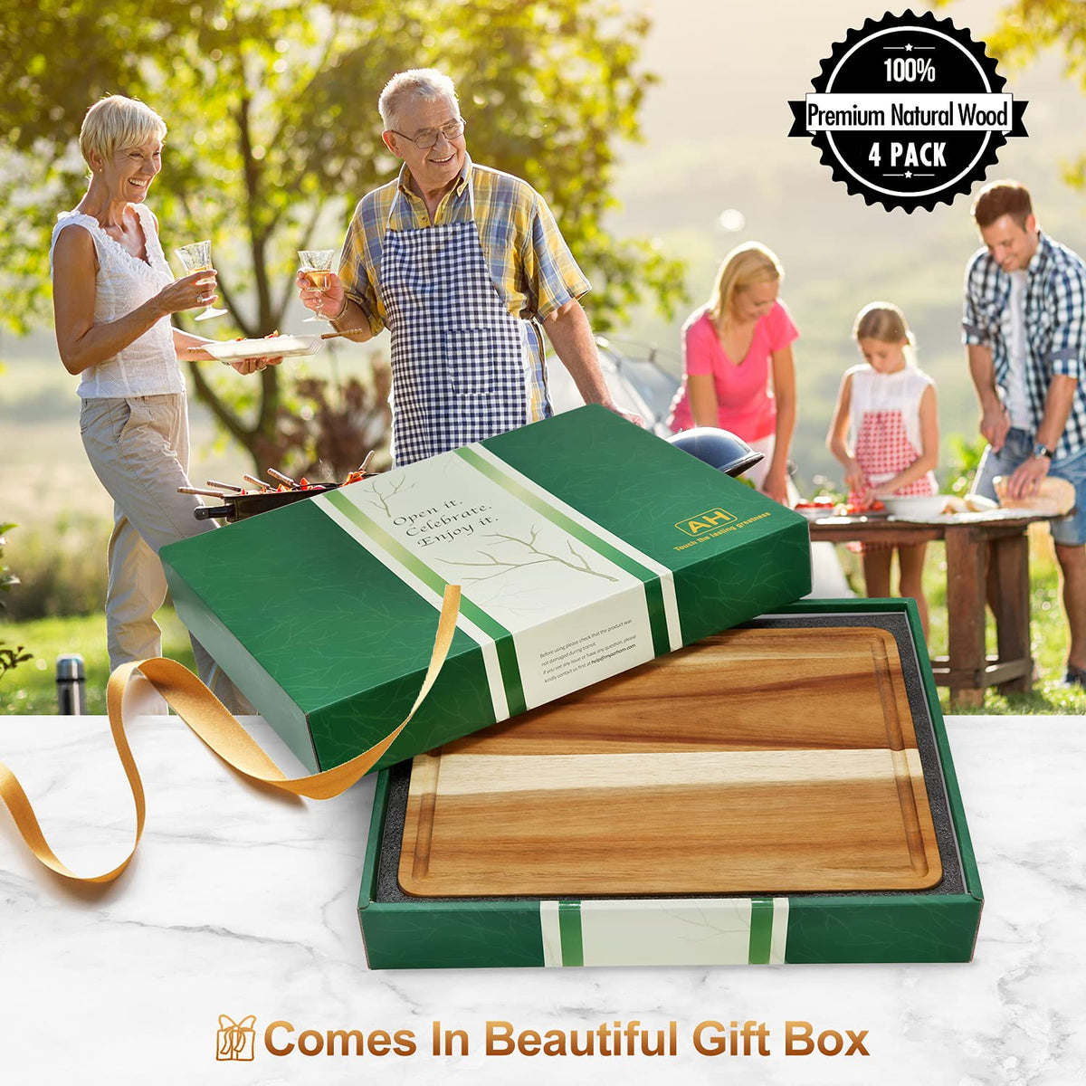 AZRHOM Large Wood Cutting Boards Set of 4 for Kitchen Cheese Charcuterie Board (Gift Box Included) Acacia Butcher Block with Non-slip Mats, Juice Groove and Handles (16x12, 14x10, double 11x8 inch)-4