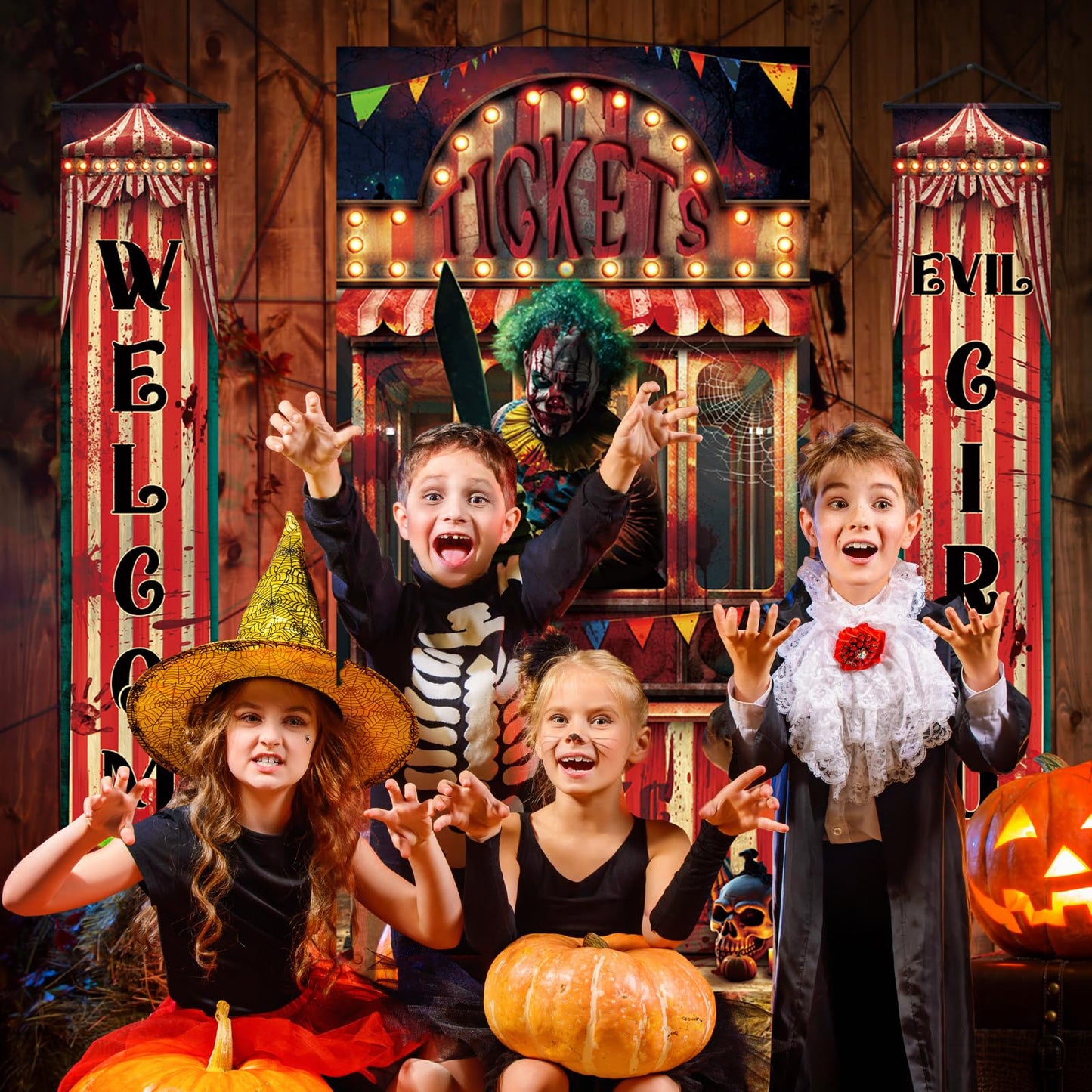 WovWeave 3 Pcs Halloween Creepy Carnival Decorations Include 2 Evil Circus Porch Banner and Scary Ticket Booth Circus Theme Door Cover for Halloween Backdrop Hanging Theme Party Outdoor Decorations