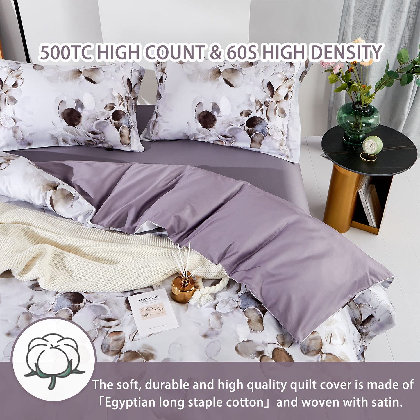 MILDLY Duvet Covers Queen Size - 100% Long-Staple Cotton Soft & Breathable Cobblestone Watercolor Painting Abstract Comforter Cover Set 500TC