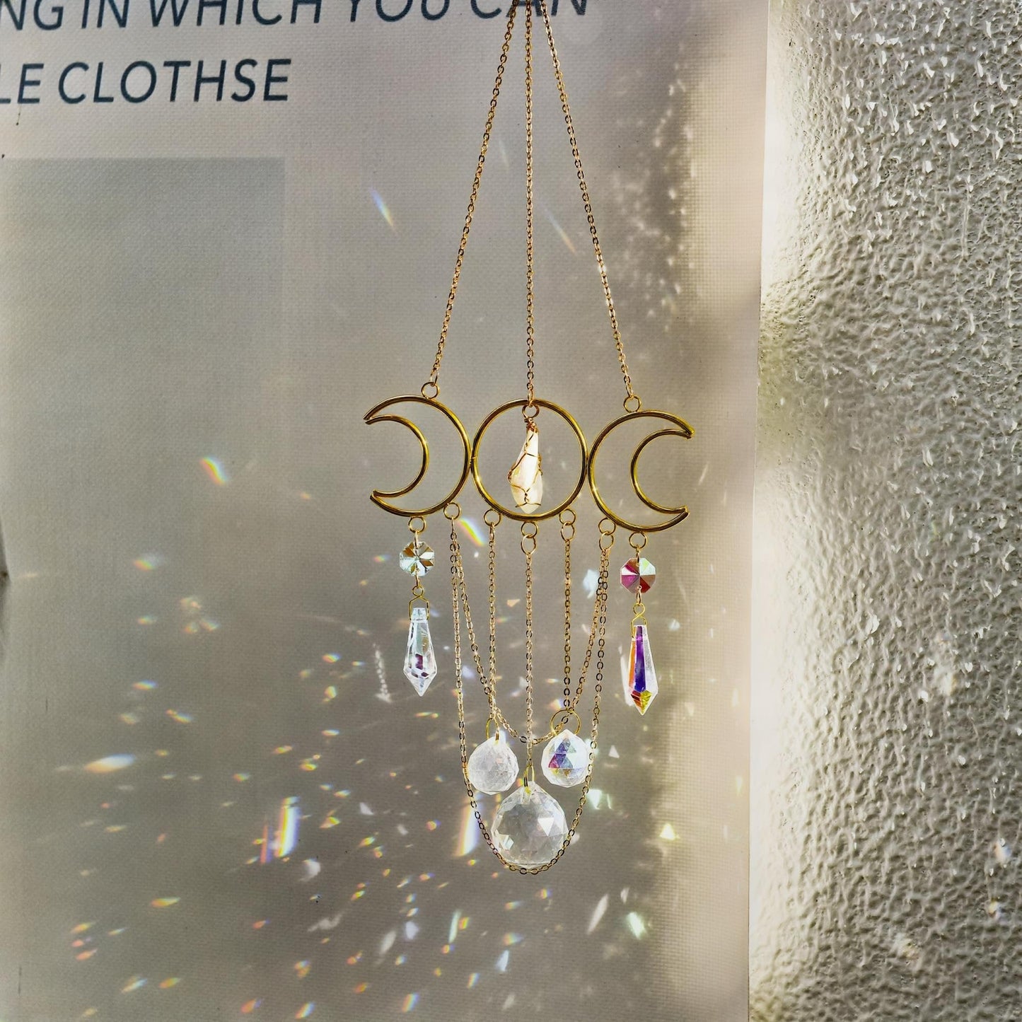 Bohemian Moon Crystal Suncatcher, Hanging Crystal Decoration for Window