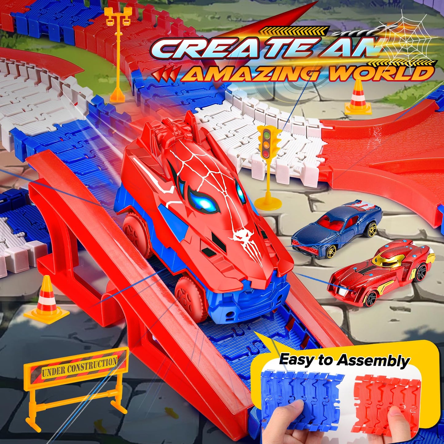 Aetyni Spider Toys for Boys 3-4: 251 PCS Spider Race Track with 5 Alloy Cars Toys for 3 4 5 6 Year Old Boys Car Tracks for Kids Toddler Boy Age 3-5 4-6 6-8 Birthday Gifts