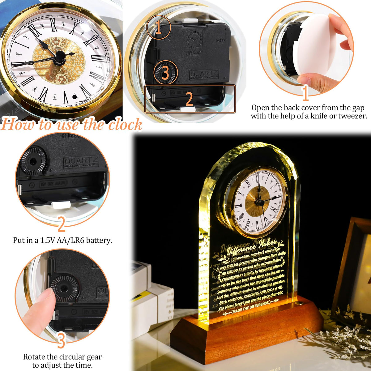Ornalrist Difference Maker Clock Gifts for Men Women Glass Clock Keepsake with Wooden LED Base Thank You Appreciation Gifts for Boss Teacher Employee Coworker Mentor Motivational Office Desk Decor