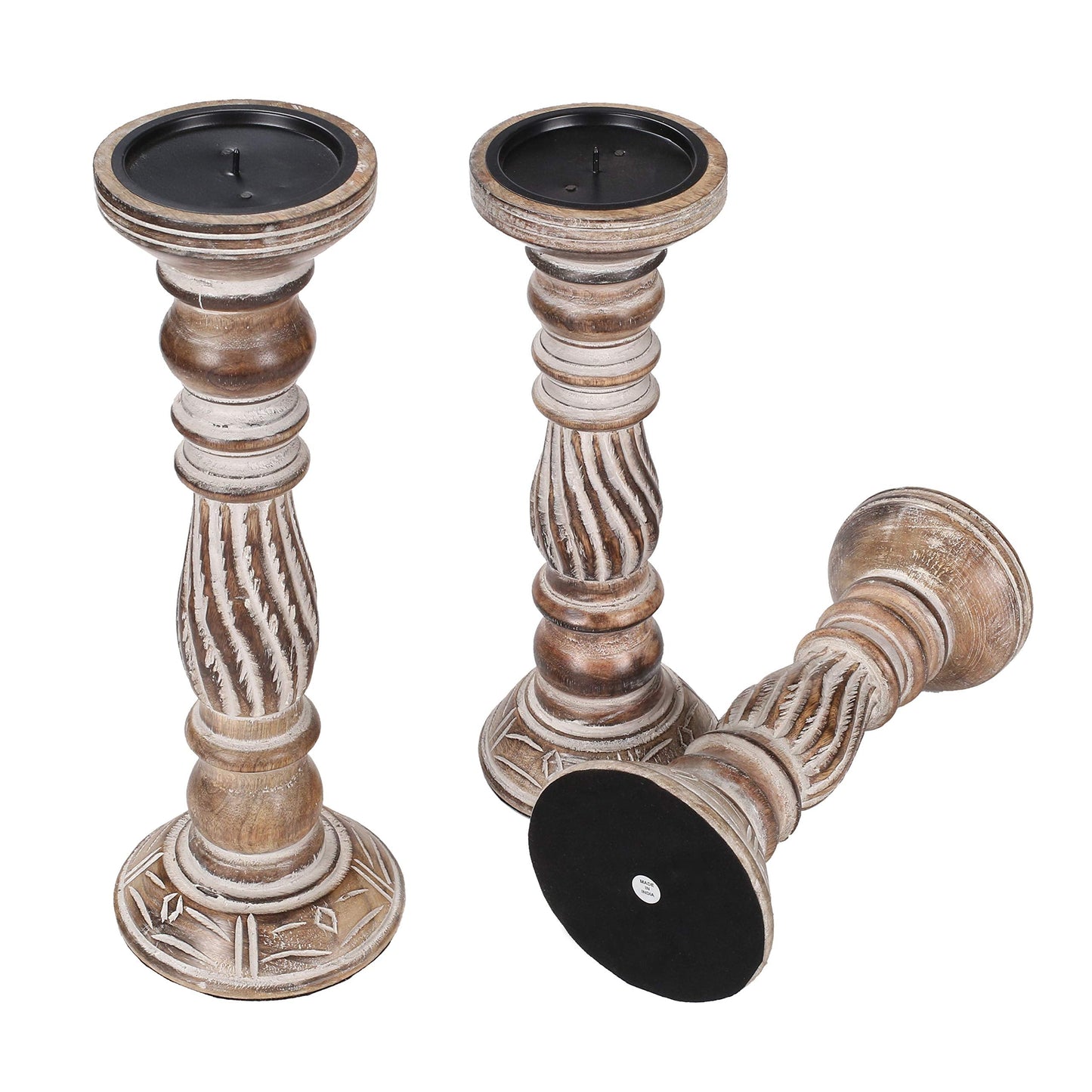 Wooden Candle Holders Set of 3, (Colour - Natural Finish, Size -14",12",10") Wood Candal Holder, Wooden Candle Holder, Unity Candle Holders, Rounded Turned Colums, Country Style Idle Gift for Wedding