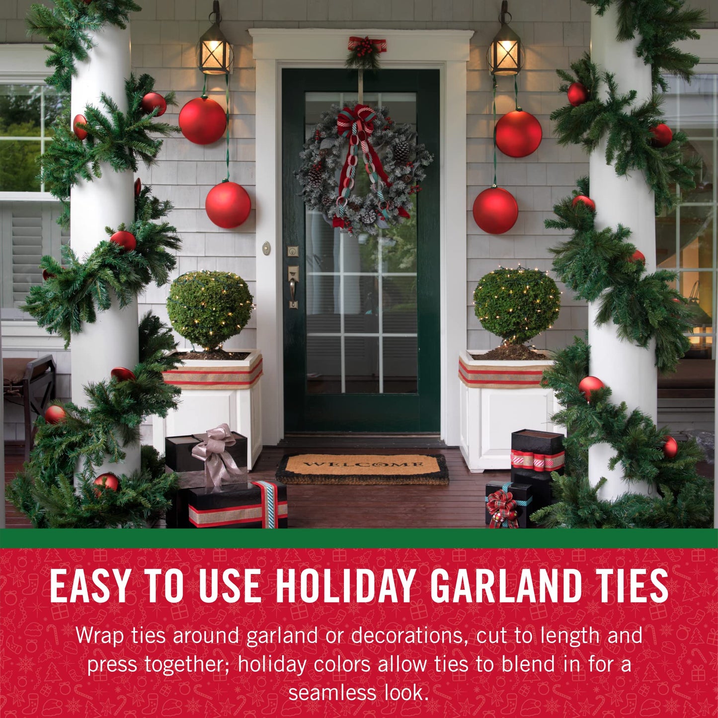 VELCRO Brand Red Garland Ties – 30ft Reusable Hook and Loop Straps for Hanging Christmas Garlands, Lights, and Wreaths on Banisters, Railings, and Porch Posts – Cut to Size Holiday Fasteners