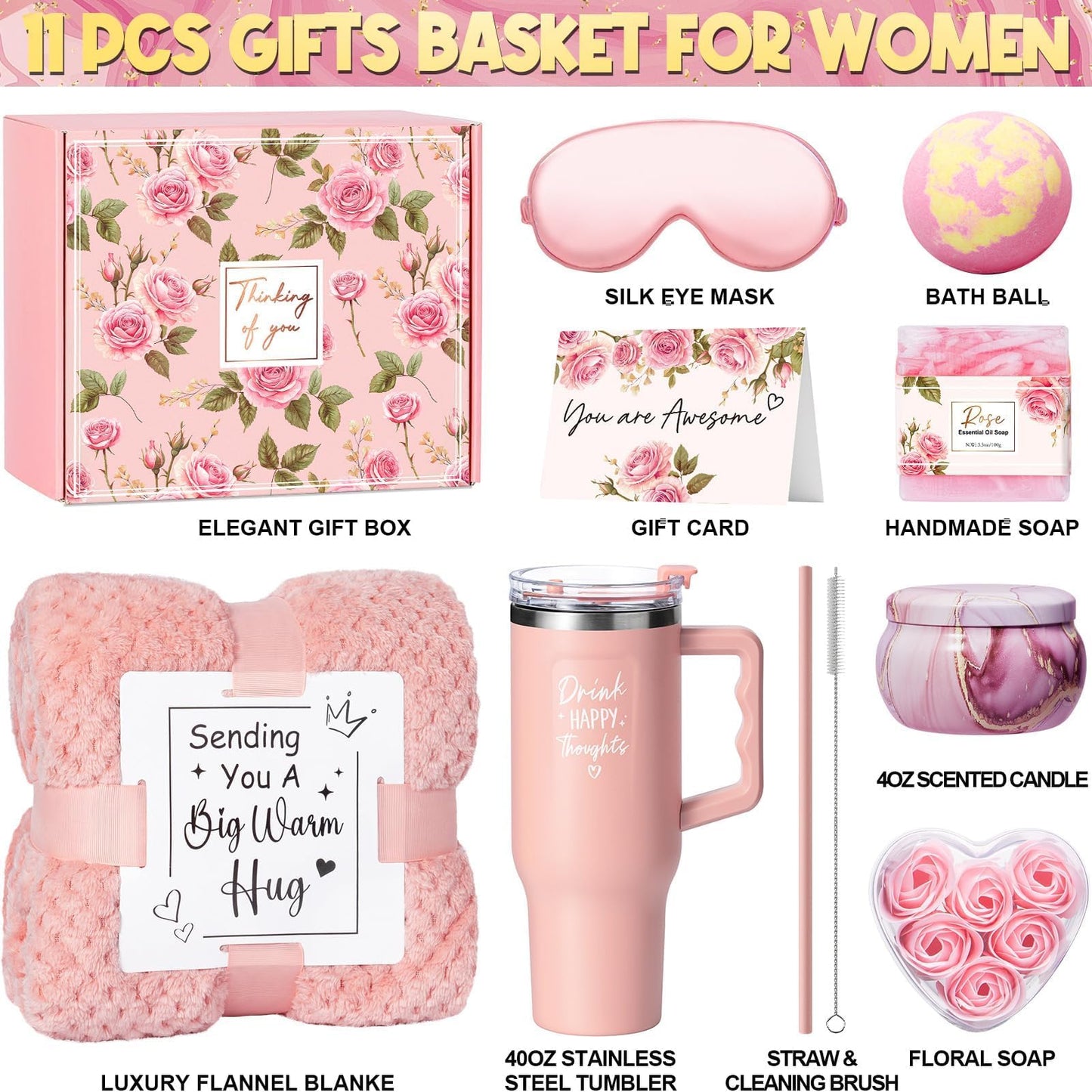 Birthday Gifts for Women Self Care Get Well Soon Gifts, Rose Relaxing Spa Gift Box Care Package Basket w/ Luxury Flannel Blanket 40 oz Tumbler, Mother's Day Gift for Mom Her Wife Girlfriend Sister