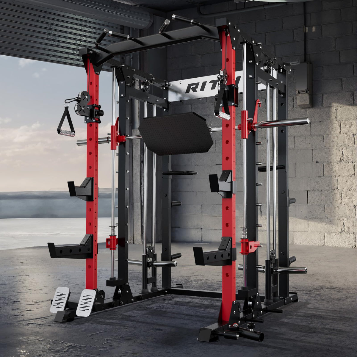 RitFit Buffalo Smith Machine, Power cage with LAT-Pull Down System & Cable Crossover System, All-in-One Squat Rack for Home Gym, Power Rack