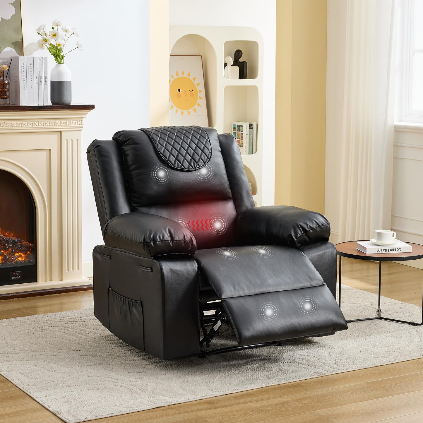 Adult Manual Recliner with Heating and Massage Functions (135° Front and Rear Adjustment) - Equipped with Side Storage Pockets and Remote Control, Suitable for Living Room and Bedroom(Black)