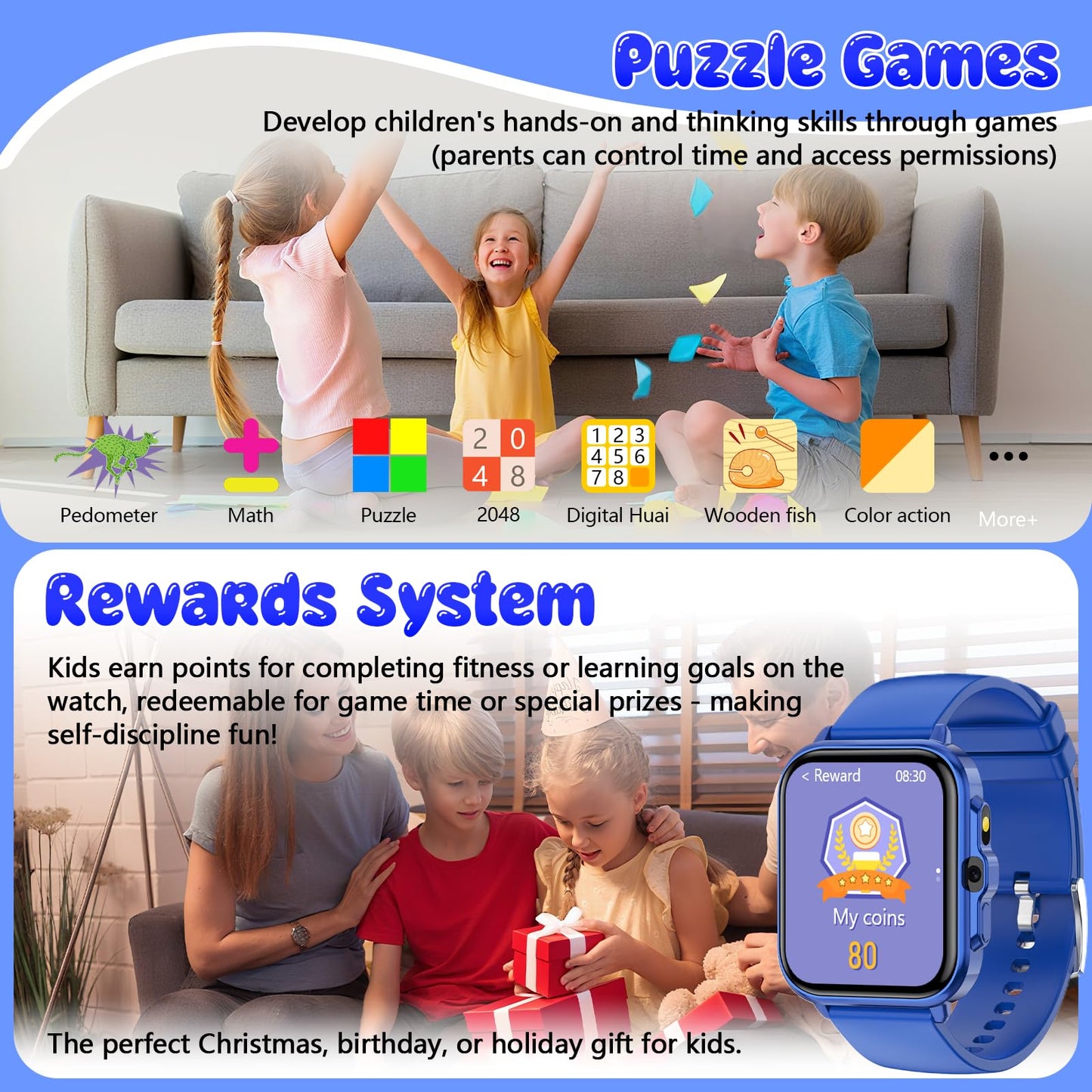 Kids Watch, 1.85" Fitness Tracker Pedometer, Heart Rate, Sleep Monitor, NO APP/Phone, Alarm Clock, Smartwatches with Video Music, IP68 Waterproof, Puzzle Games, Gift for Boy Girl, Smart Watch for Kid