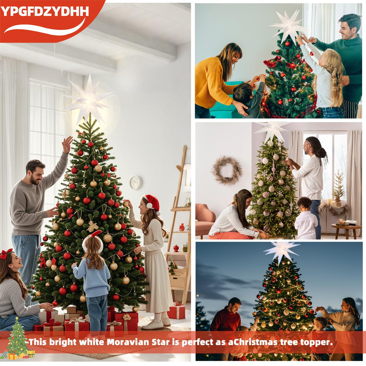 YPGFDZYDHH 23" Large Moravian Star Outdoor Light, Moravian Star Christmas Tree Topper Lighted Battery Operated, Remote Control Hanging Outdoor/Indoor Tree Topper Light for Courtyard, Porch-White