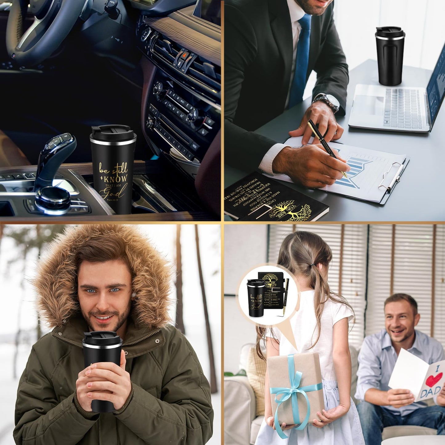 Pickmesh 3Pcs Fathers Day Christian Gift for Men Man of God Prayer Leather Journal with Pen Coffee Cup Bible Study Kit for Graduation Birthday Coworker Pastor Church(Be Still & Know,Black)