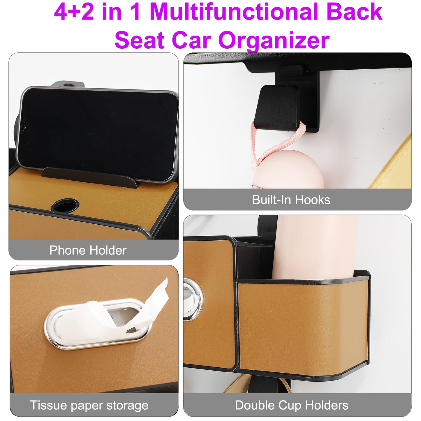 Amooca Back Seat Car Organizer, 4+2 in 1 Multifunctional Car Backseat Storage Box with 3 Cup Holders Tissue Box Hook, Car Interior Storage for Travel Phones Snacks Drinks(Brown)